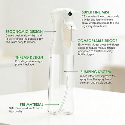 THINTON Mist Spray Bottle for Hair (10oz/300ml) - 2 Pcs Continuous Spray Bottle for Salons Cleaning Plants Gardening