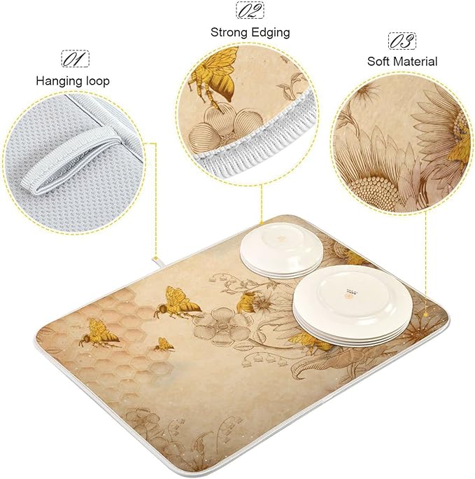 Super Absorbent Dish Drying Mat, Microfiber Fast-Drying Dish Mat, 24" x 18", Kitchen Dish Drying Pad, Sunflower Bee Retro