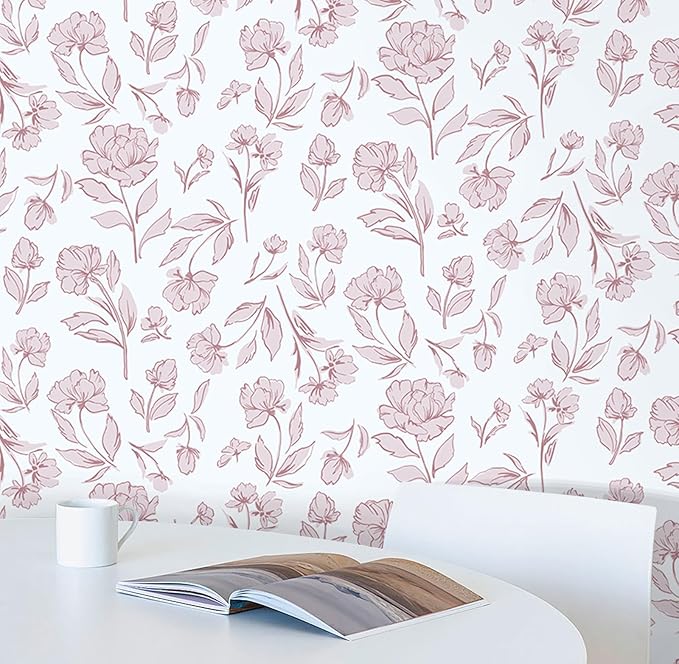 Timeet White and Pink Floral Wallpaper Peel and Stick Modern Removable Self-Adhesive Wall Paper for Bedroom Bathroom Vintage Contact Paper Vinyl Film 17In×78.7In