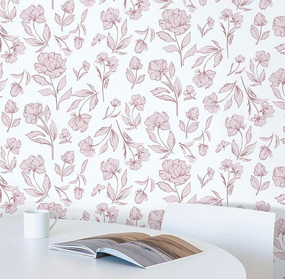 Timeet White and Pink Floral Wallpaper Peel and Stick Modern Removable Self-Adhesive Wall Paper for Bedroom Bathroom Vintage Contact Paper Vinyl Film 17In×78.7In