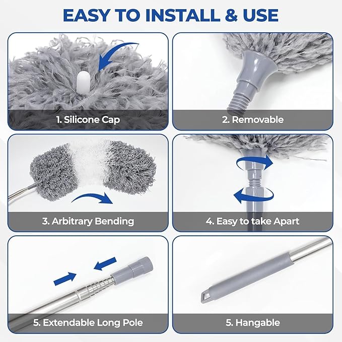 Telescopic Dusters for Cleaning | Duster with 100"Extension Pole | Flexible Cobweb Remover Duster Kit with 2 Washable Heads | Bendable Feather Duster for High Ceilings,Fans & Hard-to-Reach Areas,5PCS