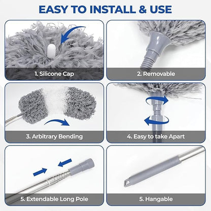 Telescopic Dusters for Cleaning | Duster with 100"Extension Pole | Flexible Cobweb Remover Duster Kit with 2 Washable Heads | Bendable Feather Duster for High Ceilings,Fans & Hard-to-Reach Areas,5PCS