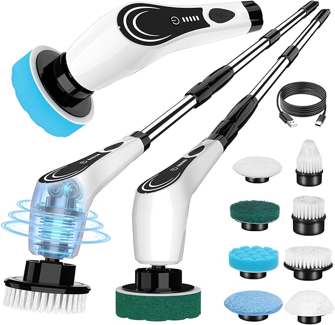 Electric Spin Scrubber, Cordless Power Scrubber with Replaceable Brush Heads, 2-Speed Adjustable Handle Floor Machine Pads, IPX7 Waterproof Shower Scrubber for Bathroom, Tile, Tub, Teens, White-qe1