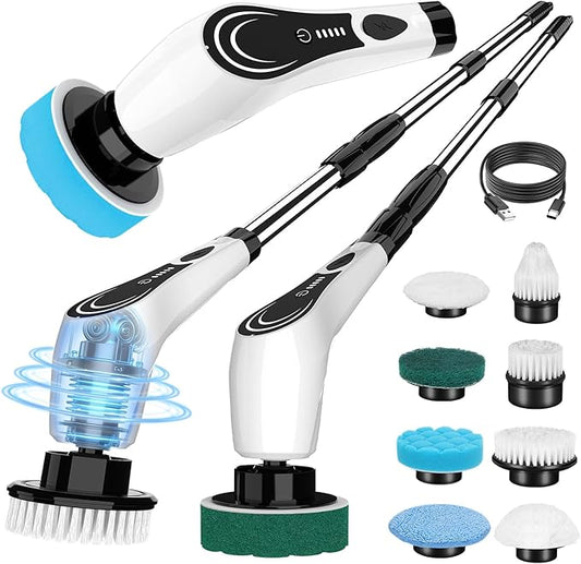 Electric Spin Scrubber, Cordless Power Scrubber with Replaceable Brush Heads, 2-Speed Adjustable Handle Floor Machine Pads, IPX7 Waterproof Shower Scrubber for Bathroom, Tile, Tub, Teens, White-qe1