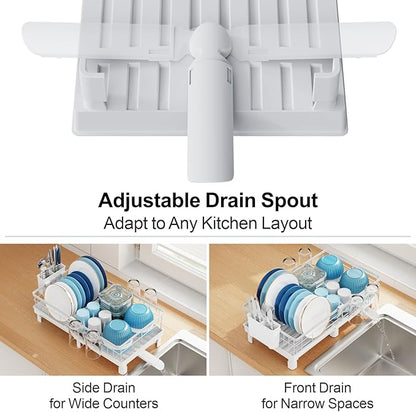 GSlife Expandable Dish Drying Rack with Drainboard, Compact Rustproof Dish Rack for Kitchen Counter, Ultra-Sturdy Space Saver with Cup Holder for Small Apartment,12.2" W x 12"-20.5" L, White