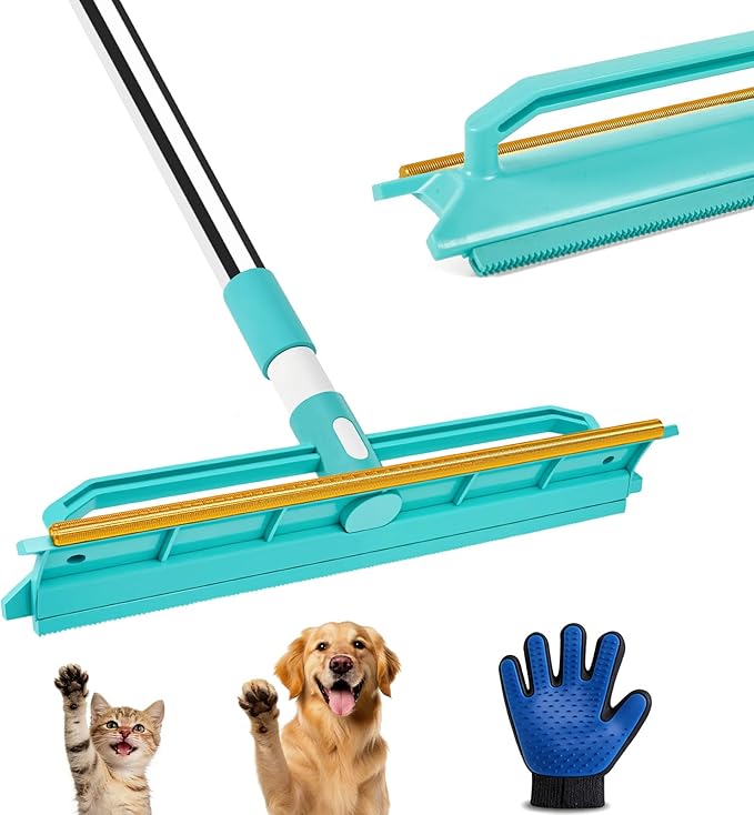 Carpet Rake for Pet Hair Removal, 2 in 1 Silicone and Copper Rake Teeth Carpet Rake with 59” Adjustable Long Handle, Reusable Pet Hair Remover Tool Kit with Carpet Scraper and Glove
