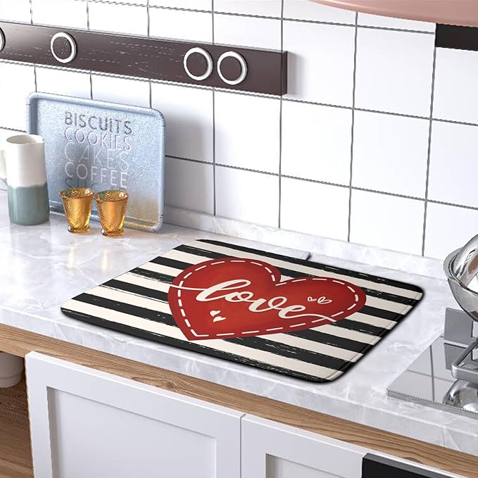 Valentine's Day Dish Drying Mat for Kitchen Counter 16x18 Black White Stripes Red Love Heart Dishes Drainer Mats Absorbent Dish Pad Large Dish Draining Mat for Coffee Bar