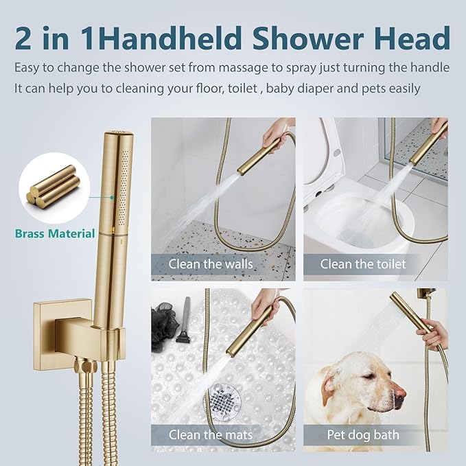 Aolemi Shower Faucet Set, High Pressure Shower System with 2-in-1 Handheld Sprayer, Wall Mount Fixture Combo with Rough-in Valve, 10 Inch Shower Head, Brushed Gold