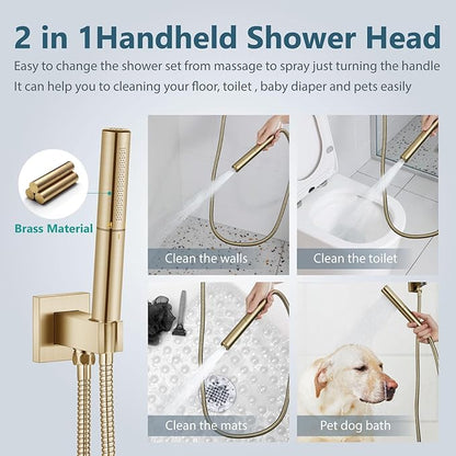 Aolemi Shower System with Rainfall Shower Head and Handheld Wall Mount,High Pressure Shower Faucet Set Fixture Combo with 2 in 1 Handheld Spray Rough-in Valve,12 Inch Shower Head Brushed Gold