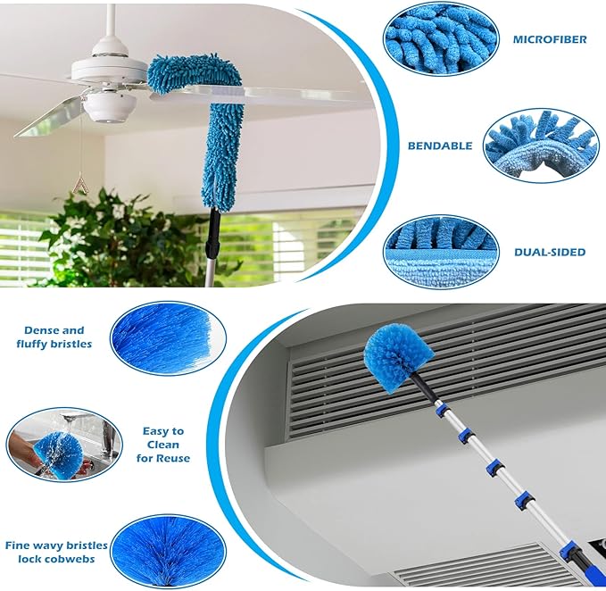 25FT Reach High Ceiling Duster Kits with 5-20FT Adjustable Pole - Includes Extra Long Duster, High Ceiling Duster, Rotatable Window Squeegee & Cobweb Duster for Ceiling Fans and Whole House Cleaning