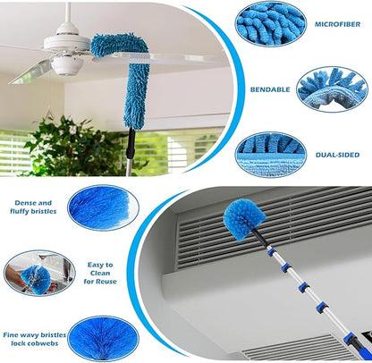 25FT Reach High Ceiling Duster Kits with 5-20FT Adjustable Pole - Includes Extra Long Duster, High Ceiling Duster, Rotatable Window Squeegee & Cobweb Duster for Ceiling Fans and Whole House Cleaning