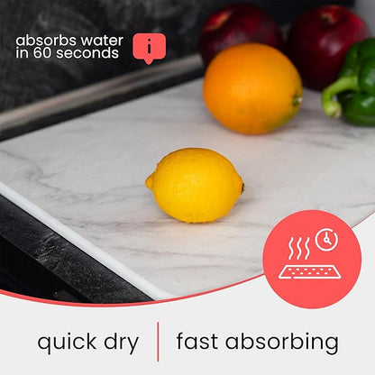 Stone Drying Mat for Kitchen Counter – Diatomaceous Earth Dish Drying Stone (White Marble) – Modern Countertop Drying Rack – Water Absorbent, Heat Resistant, Non-Slip Kitchen Mat with Towel (16"x12")
