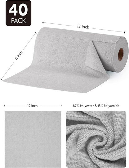 Fantasticlean Microfiber Cleaning Cloth Roll -40 Pack, Tear Away Microfiber Towels, 12" x 12", Reusable, Washable, Scratch Free, Ultra Absorbent Dishcloth for for All-Around Cleaning Supplies (Grey)