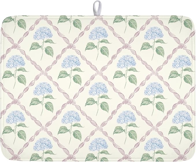 Hydrangea Floral Dish Drying Mat for Kitchen Counter Watercolor Blue and Pink Flower Drying Mat 18x24 Inch Rustic Elegant Absorbent Dish Drainer Mat Kitchen Accessories