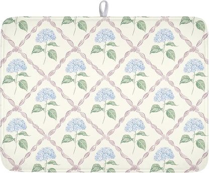 Hydrangea Floral Dish Drying Mat for Kitchen Counter Watercolor Blue and Pink Flower Drying Mat 18x24 Inch Rustic Elegant Absorbent Dish Drainer Mat Kitchen Accessories