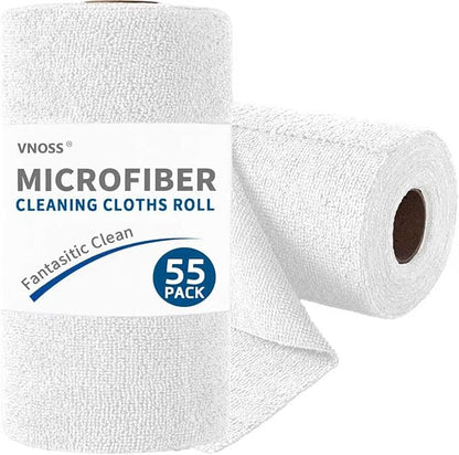 55 Pack Microfiber Cleaning Cloth Roll, Tear Away Reusable Towels, 11" X 9", Ultra Absorbent & Lint Free Cloth for Cars, Kitchen, Window, Home and Shop, White