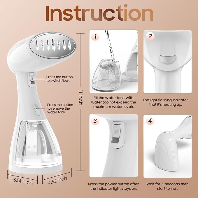 Handheld Travel Steamer for Clothes - 1350W Portable Clothes Steamer Hand Held, 15-Second Heat Up, Remove Wrinkles with Heat-Resistant Steam, Make Clothes Soft & Smooth