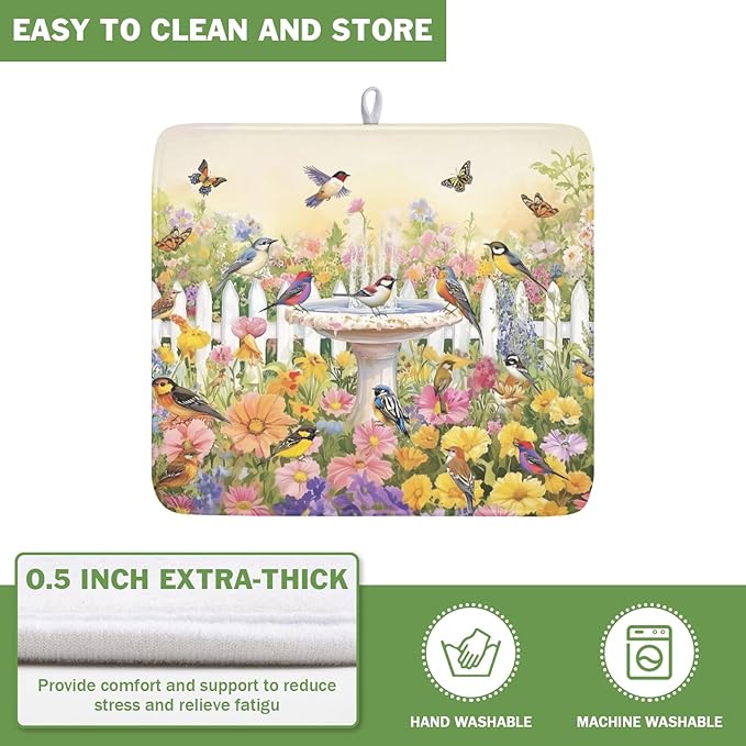 Spring Summer Floral Birds Dish Drying Mat for Kitchen Counter Colorful Garden Pattern Drying Mat 16x18 Inch Rustic Farmhouse Absorbent Dish Drainer Mat Kitchen Accessories