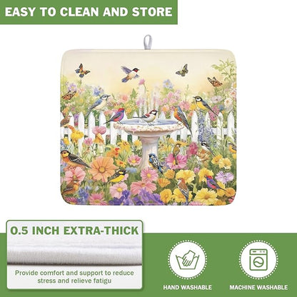 Spring Summer Floral Birds Dish Drying Mat for Kitchen Counter Colorful Garden Pattern Drying Mat 16x18 Inch Rustic Farmhouse Absorbent Dish Drainer Mat Kitchen Accessories