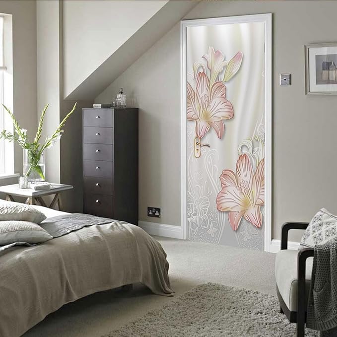 A.Monamour 3D Door Stickers for Interior Doors Lilies Floral Background Vinyl Waterproof Self Adhesive Door Mural Decals for Bedroom Office Bathroom 85x200cm