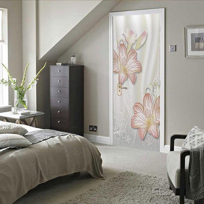 A.Monamour 3D Door Stickers for Interior Doors Lilies Floral Background Vinyl Waterproof Self Adhesive Door Mural Decals for Bedroom Office Bathroom 85x215cm