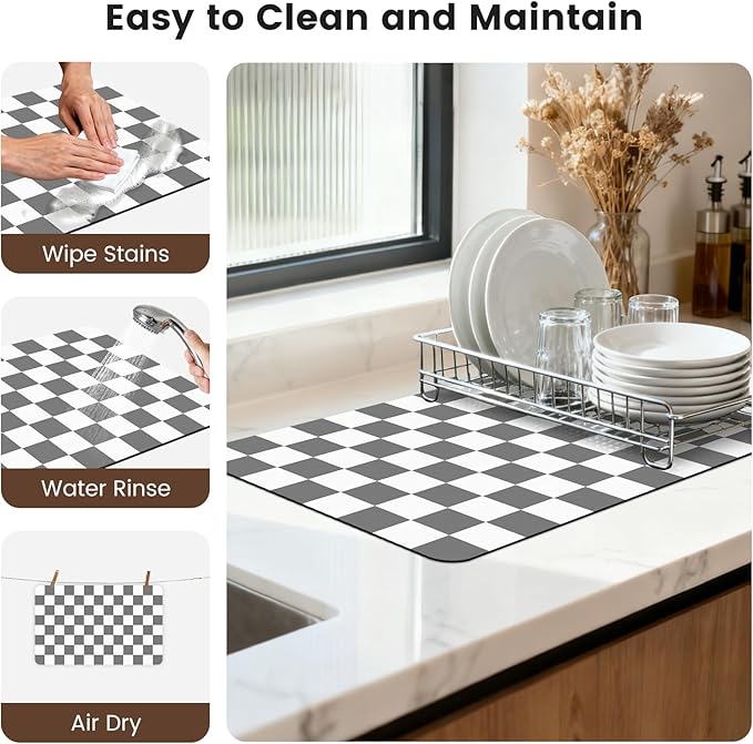 12" x 20" Checkered Dish Drying Mat for Kitchen Counter, Absorbent Coffee Bar Mat for Espresso Machine Coffee Countertops Accessories (Grey)