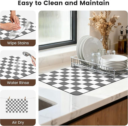 12" x 20" Checkered Dish Drying Mat for Kitchen Counter, Absorbent Coffee Bar Mat for Espresso Machine Coffee Countertops Accessories (Grey)