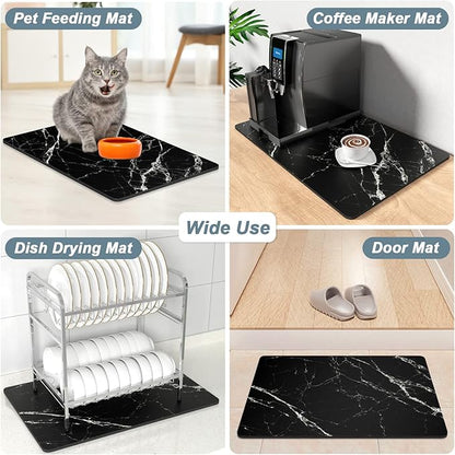 Rnivvi Coffee Mat, 12" x 19" Cute Marble Style Coffee Bar Mats for Espresso Machine Station Accessories and Organizer, Hide Stain Rubber Backed Absorbent Dish Drying Pad for Kitchen Counter, Black