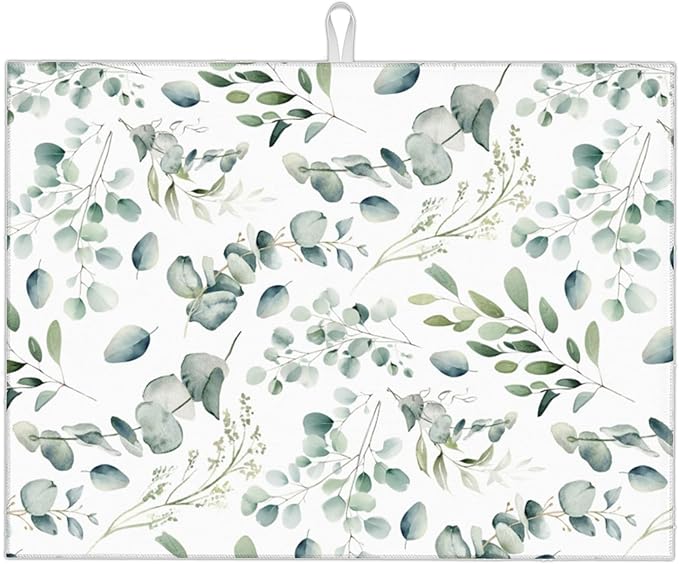 Dish Drying Mat for Kitchen Counter Microfiber Absorbent Dish Draining Reusable Washable Extra Large 18"x24" (Sage Leaves, 18x24in)
