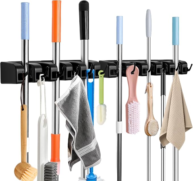 InPoTo Broom and Mop Holder, Wall Mounted Organizer Mop and Broom Storage Tool Rack with 5 Ball Slots and 6 Hooks (2Pack)