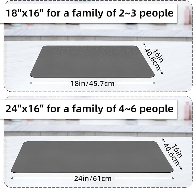 LOPNUR Kitchen Dish Drying Mat, 24"x16" Large Dish Drying Mats for Kitchen Counter, Diatomite Coffee Mat, Super Absorbent Dish Drying Pad, Heat Resistant Mat with Anti-slip Rubber Backed, Grey