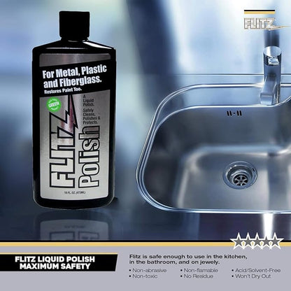 Flitz Multi Purpose Metal Polish Liquid - 7.6oz Bottle of USA-Made Tarnish Remover - For Aluminum, Chrome, Brass, Nickel, Silver - Non-Abrasive Metal Cleaner and Polish, Restorer (6 Pack)
