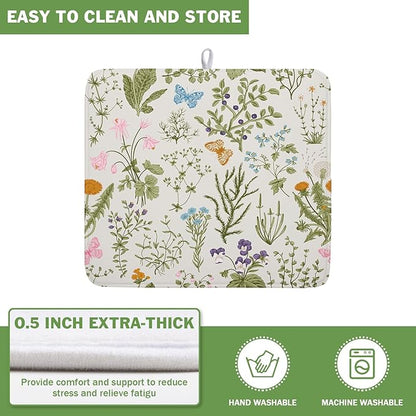Kawani Wild Flowers Plant Dish Drying Mats for Kitchen Counter 16x18 Inch,Sage Herbs Kitchen Drying Mat,Botanical Plant Dishes Pad Dish Drainer Rack Mats Absorbent Fast Dry Kitchen Accessories