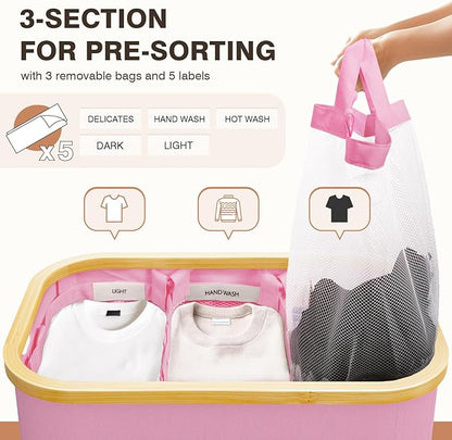Hampers for Laundry Basket with Lid, 145L Extra Large 3 Section Clothes Divided Organizer for Bedroom, Laundry Room, Dirty Clothing Hamper, Pink