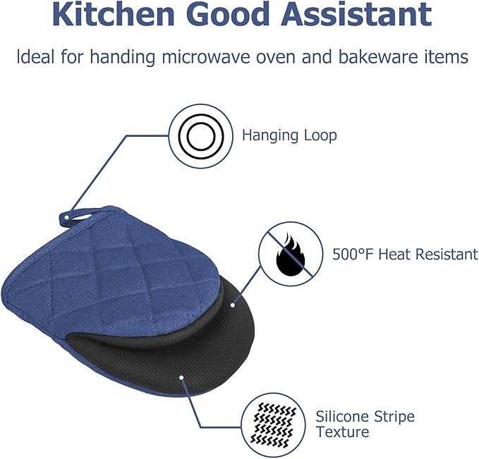 Short Oven Mitts, Heat Resistant 500°F, Silicone Grip Kitchen Gloves, Non-Slip for Baking, Grilling, BBQ, Machine Washable with Hanging Loop, 2-Pack Set, Denim Blue
