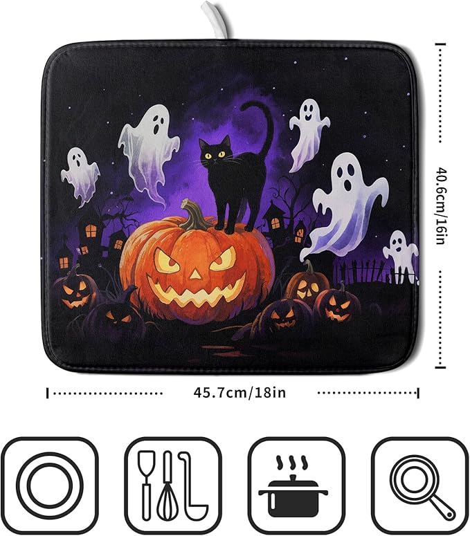 Halloween Ghost Pumpkin Dish Drying Mat for Kitchen Counter 16x18 Black Cat Holiday Scary Theme Absorbent Reversible Microfiber Drying Mats Kitchen Countertop Protector Dishes Drainer Pad