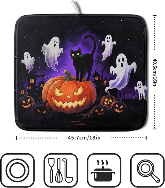 Halloween Ghost Pumpkin Dish Drying Mat for Kitchen Counter 16x18 Black Cat Holiday Scary Theme Absorbent Reversible Microfiber Drying Mats Kitchen Countertop Protector Dishes Drainer Pad