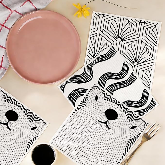 Swedish Dishcloths 6 Pack, Black White Line Geometric Towels Kitchen Reusable Washable Absorbent Dish Cloths, Cellulose Sponge No Odor Eco Towels, Home Kitchen Dish Washing