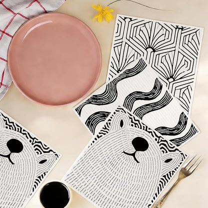 Swedish Dishcloths 6 Pack, Black White Line Geometric Towels Kitchen Reusable Washable Absorbent Dish Cloths, Cellulose Sponge No Odor Eco Towels, Home Kitchen Dish Washing