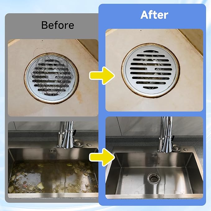 Drain Clog Remover for Sink & Shower, Dissolves Hair, Grease, Soap Scum & Paper, Powerful Bleach-Free Drain Cleaner Powder, 6 Pre-Measured Treatments for Bathroom & Kitchen