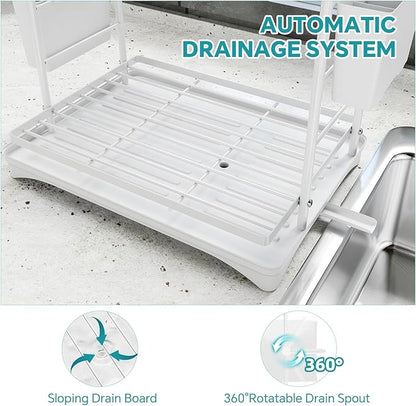 Simple Trending Dish Drying Rack, 2-Tier Dish Rack for Kitchen Counter, Large Dish Drainers Sink Organizers and Storage, White
