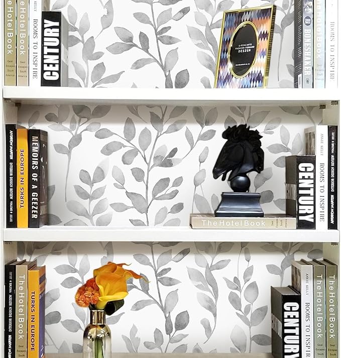 MelunMer Modern Grey Leaf Peel and Stick Wallpaper Boho Gray Contact Paper for Cabinets Self-Adhesive Removable Wallpaper for Bedroom Decor Botanical Contact Paper Bathroom Waterproof 393inL17.3inW
