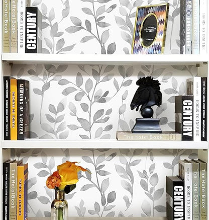 MelunMer Modern Grey Leaf Peel and Stick Wallpaper Boho Gray Contact Paper for Cabinets Self-Adhesive Removable Wallpaper for Bedroom Decor Botanical Contact Paper Bathroom Waterproof 197inL17.3inW