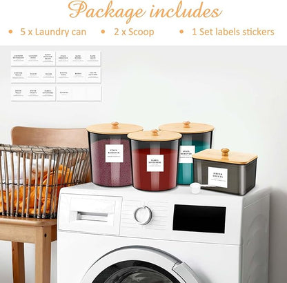 Threehoney 3+1 Pack Laundry Pods Container & Dryer Sheet Holder with Lids, Scoops & Labels - Plastic Laundry Storage Jars for Powder, Pods, Detergent, Room Organization