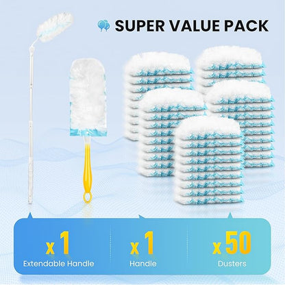 Bisenkud Duster Kit for Swiffer® Duster Refill: 50 Heavy Duty Refills + 2 Handles | 3X Grip & Static Tech | Car, Furniture & Electronics Dry Cleaning