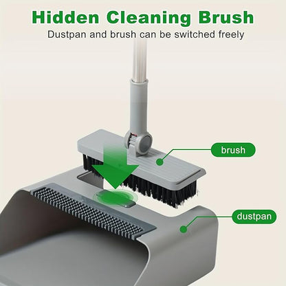 3 in 1 Broom and Dustpan Set with Adjustable Push Broom with 48.8“ Long Handle for Floor Sweeping Outdoor Indoor Sweeping Combo for Home & Kitchen (Gray)