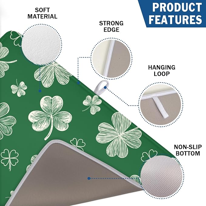 St Patrick's Day Dish Drying Mat 18 x 24 Inch Green Shamrock Dish Drainer Rack Mat Absorbent Microfiber Mats for Spring Lucky Clovers Dish Pad for Kitchen Coffee Bar Decor