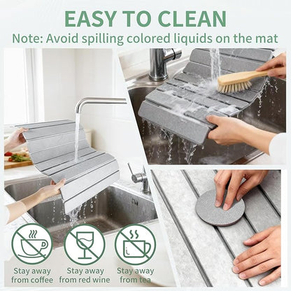 Large Stone Dish Drying Mat for Kitchen Counter, Collapsible 24"X16" Super Absorbent Diatomaceous Earth Dish Drying Mat Kitchen Drying Mat for Dishes, Bottles, Match Any Countertop
