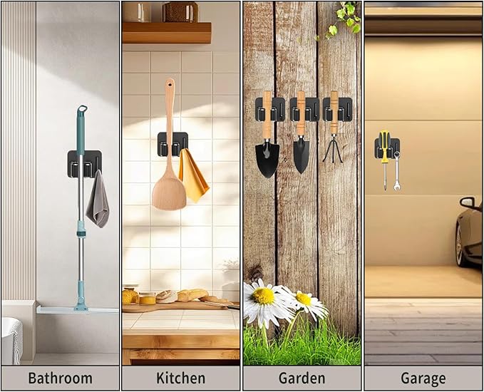 Broom Holder Wall Mount,Mop and Broom Holder Wall Mount Command,3pcs Garden Tool Organizer,304 Stainless (Black)