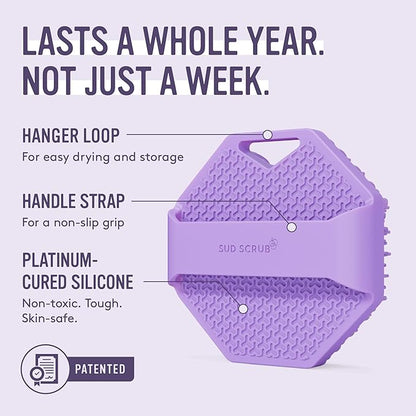 Sud Scrub® Antimicrobial Silicone Body Scrubber, Exfoliating Body Brush for Sensitive Skin, Antibacterial Shower Scrubber for Body, Bathroom Essentials for Men & Women, Purple